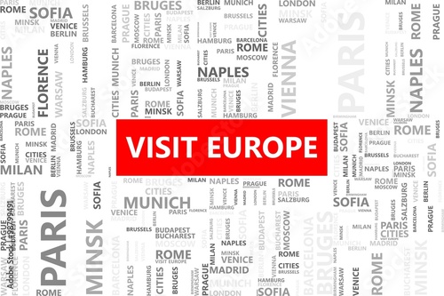 Visit Europe word in tag cloud with European cities, Travel and