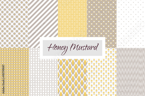 Mustard yellow and taupe geometric seamless vector pattern set. Classic lines, dots, hearts, scale and flowers.