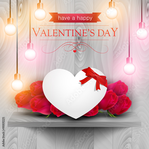 Paper heart and red roses on a wooden shelf, Valentines day card.