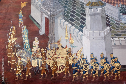 the Ramayana painting on the wall in public temple Wat Phra Kaew in Thailand © popp_photolia