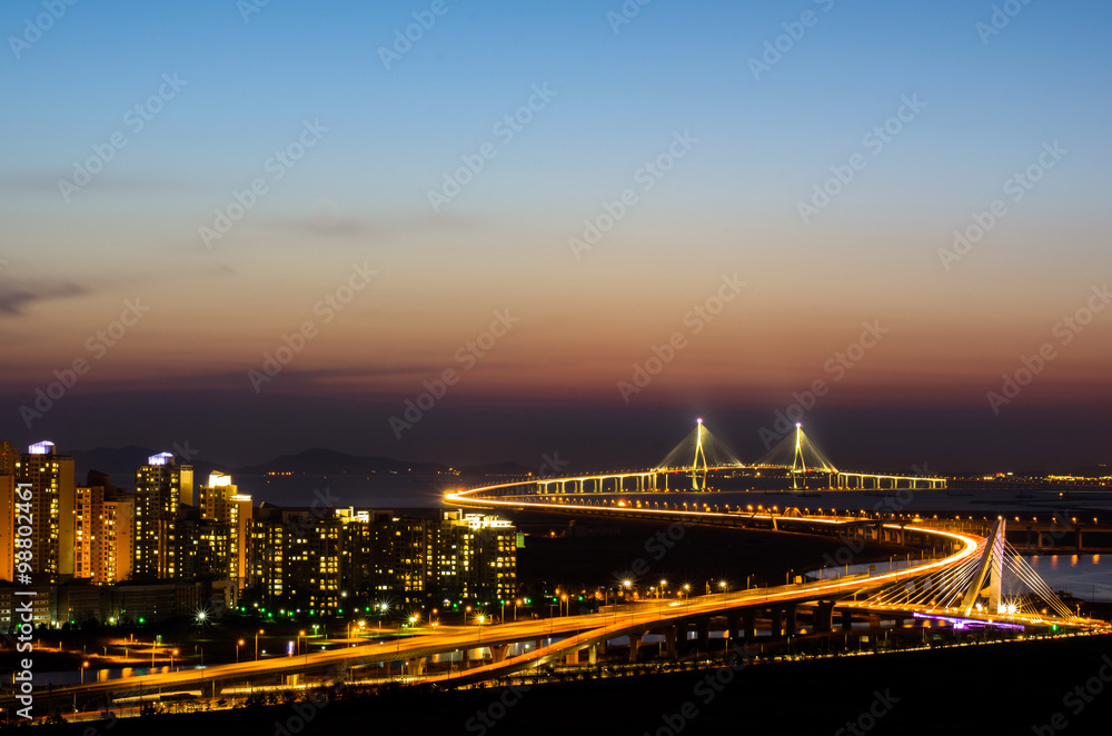 Sunset of Incheon Bridge at Night,Seouth Korea