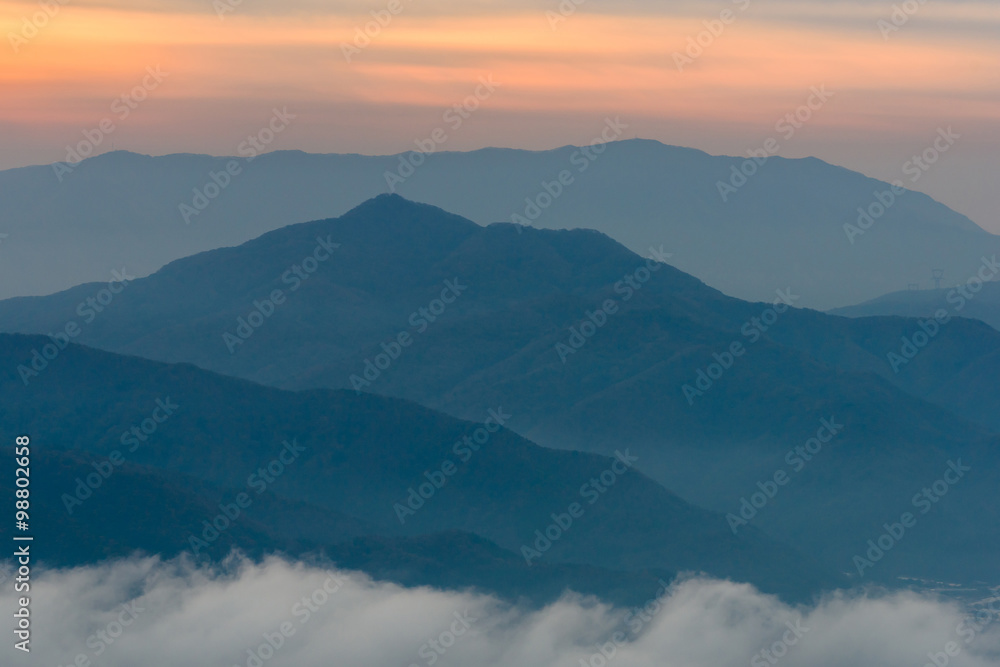 Morning sunrise and foggy of mountain in Korea Morning sunrise and foggy of mountain in Korea