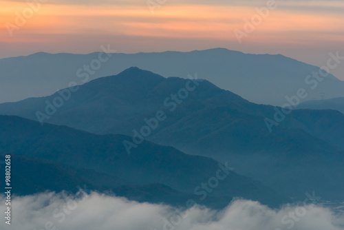 Morning sunrise and foggy of mountain in Korea