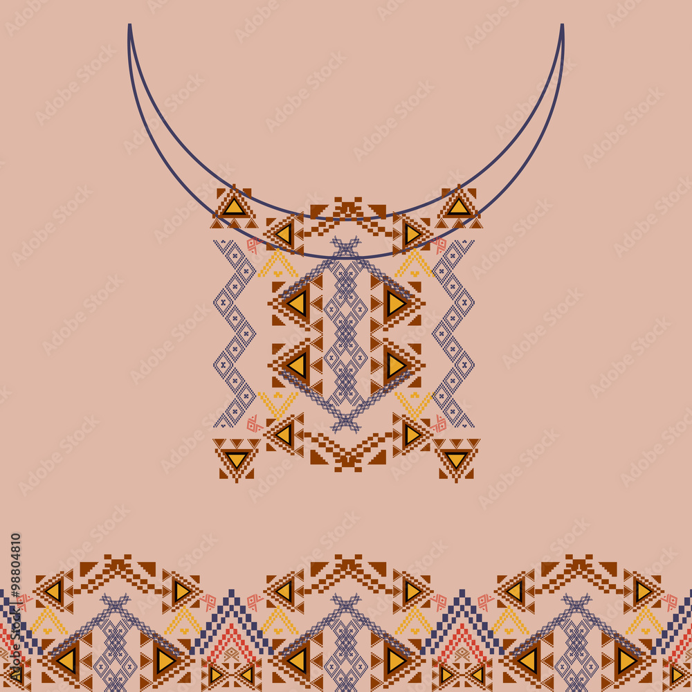 Neckline design with border in ethnic style for fashion. Aztec neck print