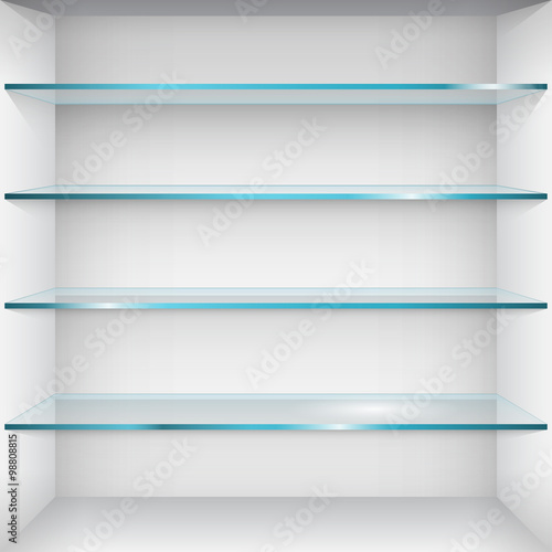 Empty glass shelves on wall. Vector Illustration