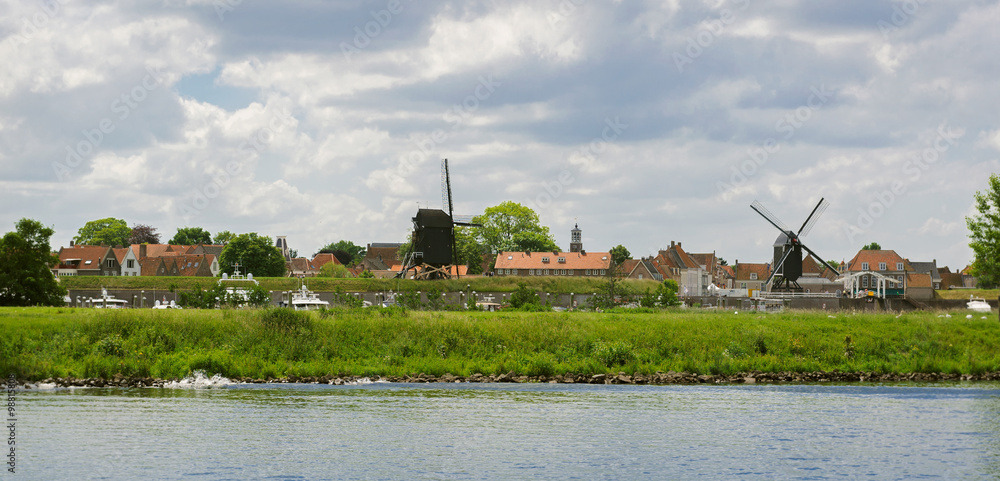 View of the Heusden town from the Meuse river, North Brabant, Ne