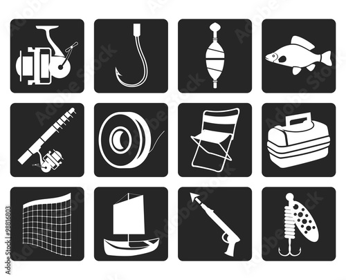 Black Fishing and holiday icons - vector icon set