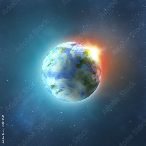 Fototapeta Naklejka Na Ścianę i Meble -  Planet earth with sun rising from space, vector image