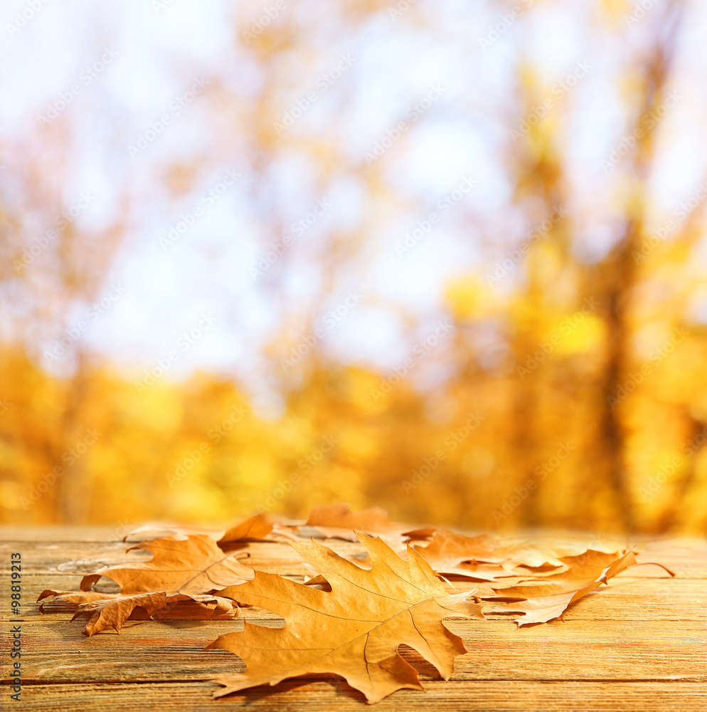Yellow autumn leaves on wooden table, on nature background Yellow autumn leaves on wooden table, on nature background