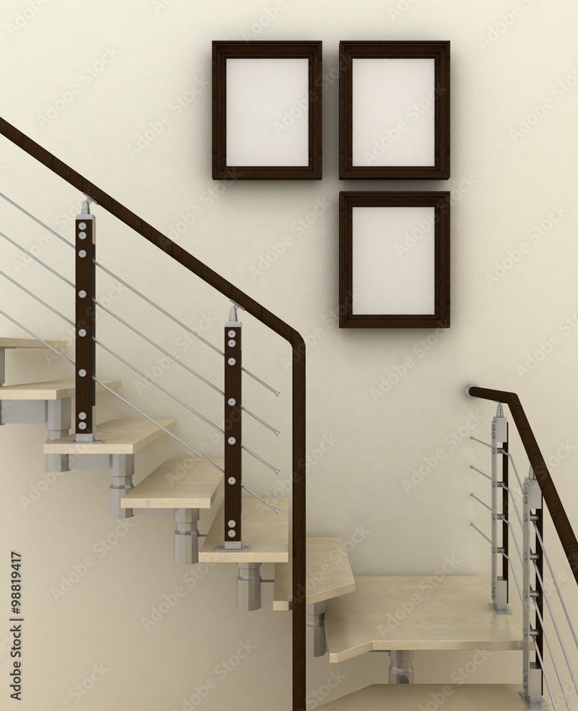 Empty picture frames in classic interior background with stairs on the decorative brick wall with wooden floor. Copy space image. 3d render Empty picture frames in classic interior background with stairs on the decorative brick wall with wooden floor. Copy space image. 3d render