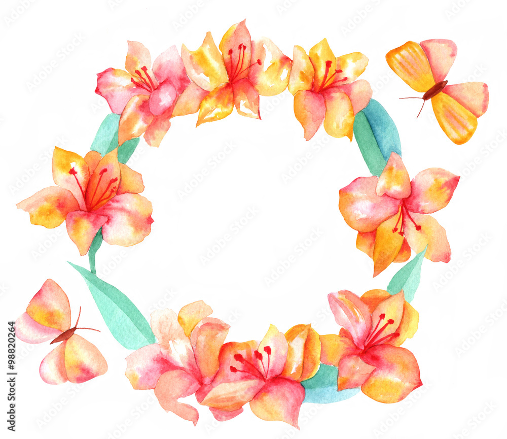 Watercolor wreath with peruvian lilies, leaves and butterflies