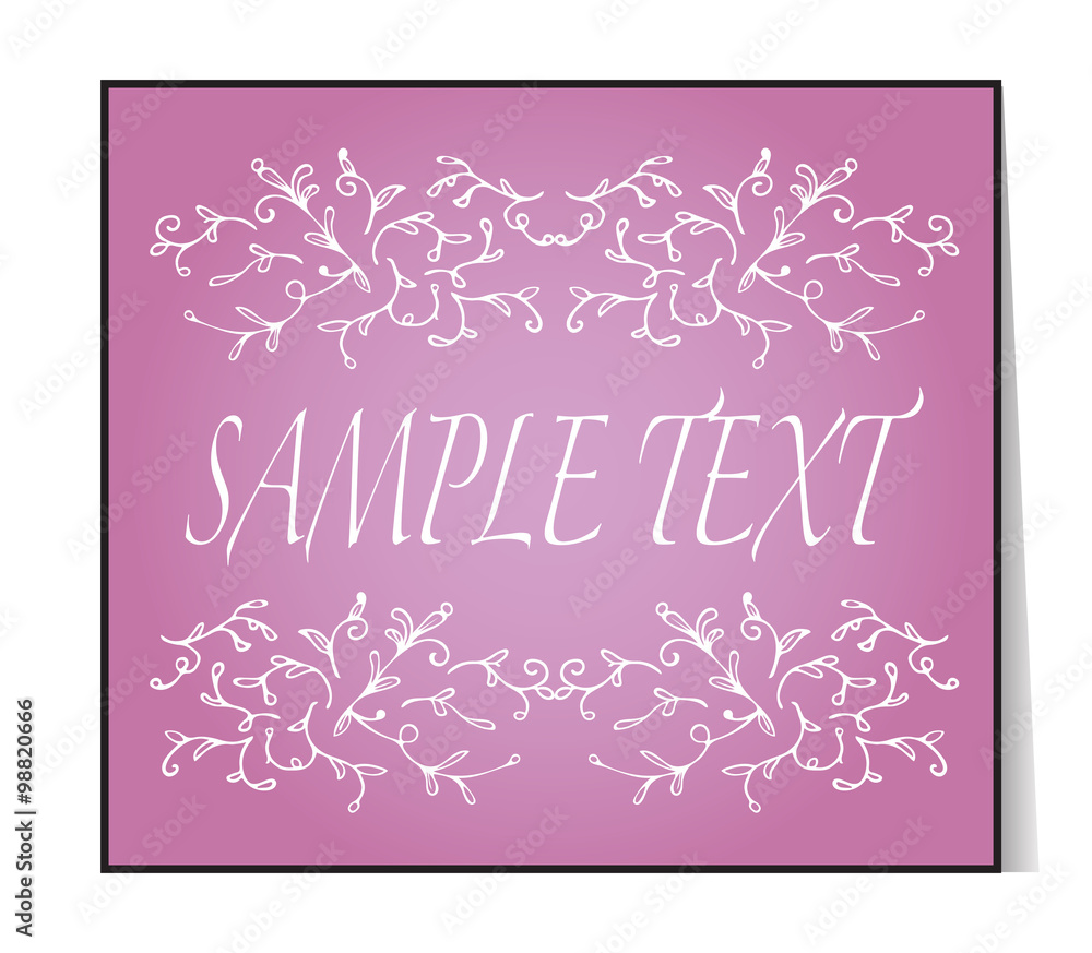 Elegant text frame. Floral vintage hand drawn vignettes. Beautiful banner, card, invitation or label. Ornament from twigs. Pink background. Place for your text. Vector Illustration.