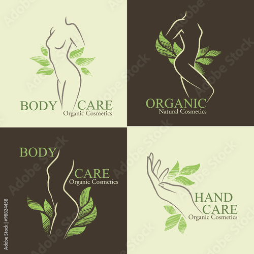 Set of 4 Organic Cosmetics Design elements with contoured women