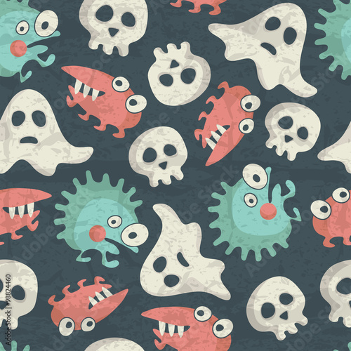 Halloween seamless pattern with spooky monsters, ghosts and skulls