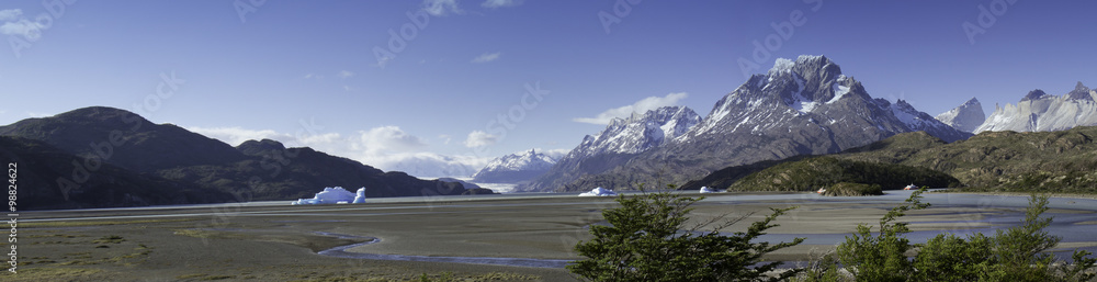 Panorama of icebergs floating in Grey Lake, Torres del Paine, Chile.