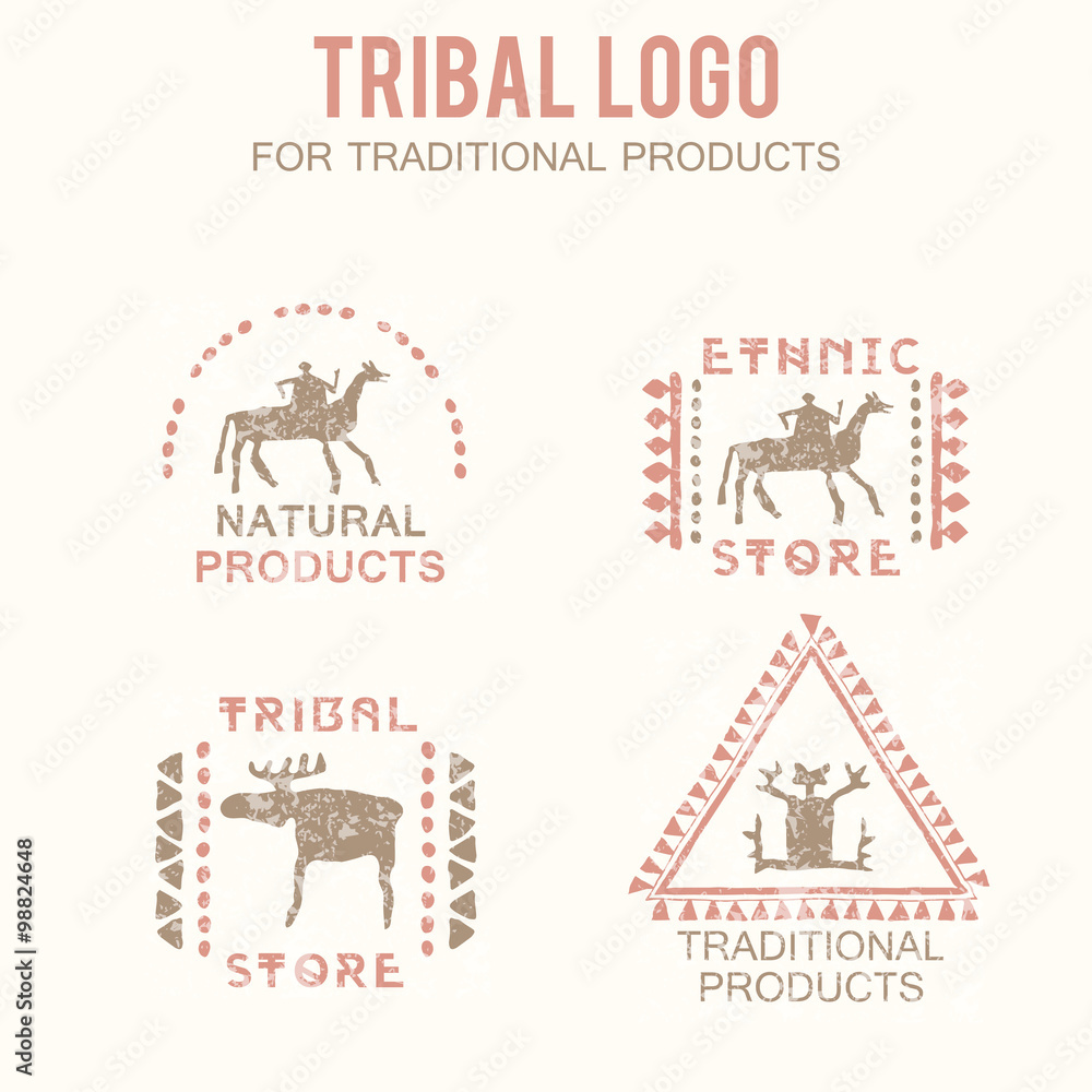 Set of 4 tribal badges for traditional and natural products, ethnic and tribal store