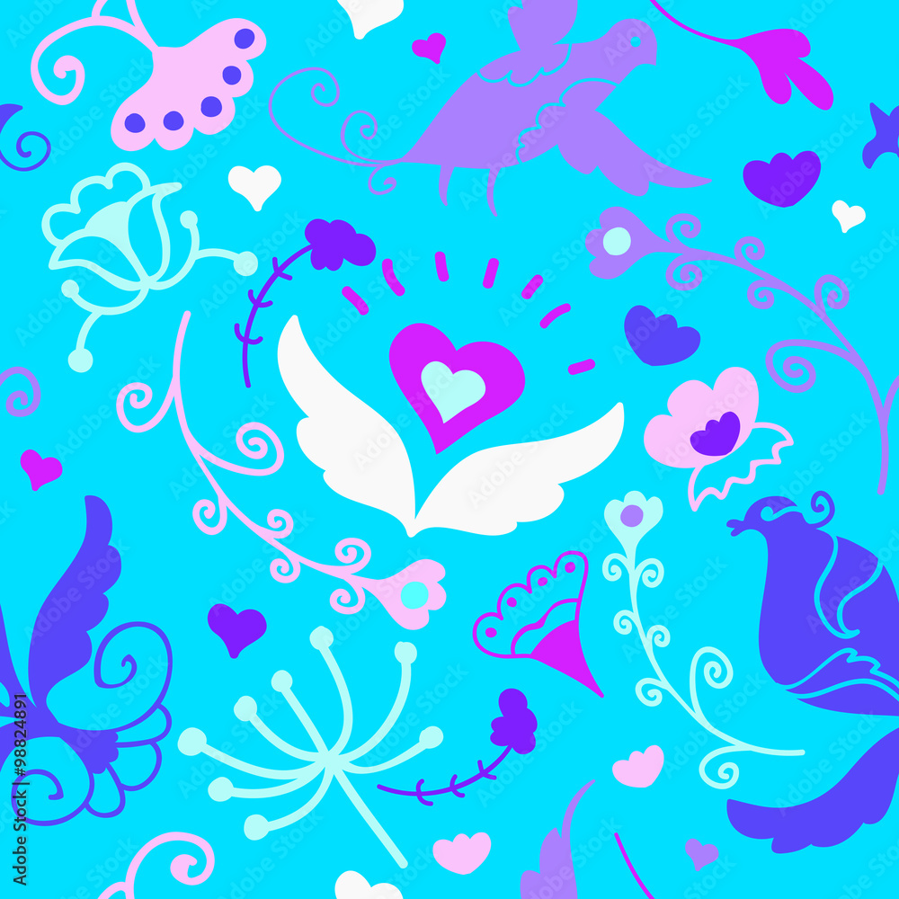 Cute doodle seamless floral ornament with birds