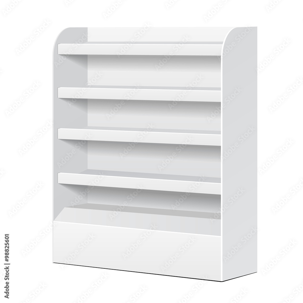 White POS POI Cardboard Blank Empty Displays With Shelves Products On White Background Isolated. Ready For Your Design. Product Packing. Vector EPS10 White POS POI Cardboard Blank Empty Displays With Shelves Products On White Background Isolated. Ready For Your Design. Product Packing. Vector EPS10