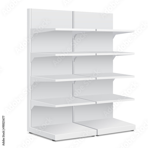 White Long Blank Empty Showcase Displays With Retail Shelves Products On White Background Isolated. Ready For Your Design. Product Packing. Vector EPS10