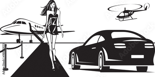 Movie star is traveling by plane - vector illustration