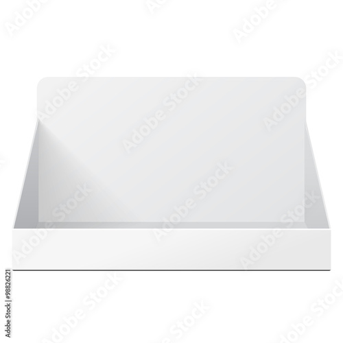 White Holder Box POS POI Cardboard Blank Empty Displays Products On White Background Isolated. Ready For Your Design. Product Packing. Vector EPS10 