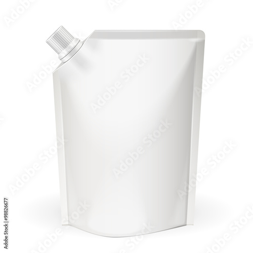 White Blank, Food Bag Packaging With Spout Lid. Products On White Background Isolated. Ready For Your Design. Product Packing. Vector EPS10 