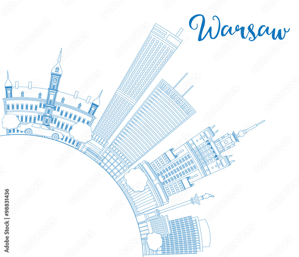 Outline Warsaw skyline with blue buildings and copy space. Some elements have transparency mode different from normal.