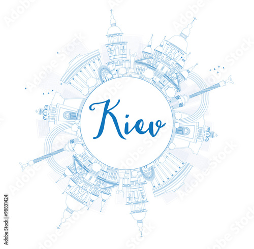 Outline Kiev skyline with blue landmarks and copy space. Some elements have transparency mode different from normal.