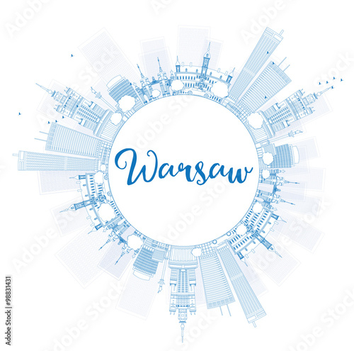 Outline Warsaw skyline with blue buildings and copy space. Some elements have transparency mode different from normal.