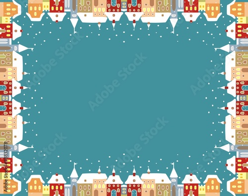 Christmas card, winter town, frame,  decorative page, vector greeting card
