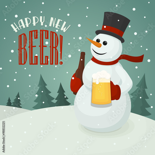 Snowman with beer mug. Vector christmas poster with snowman holding craft beer bottle and happy new beer label. Vintage winter card