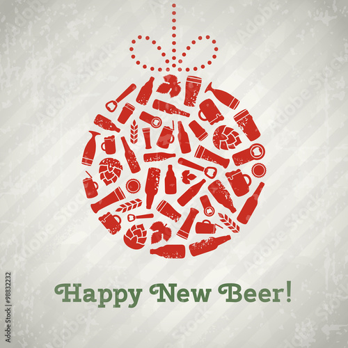Vector christmas ball beer poster. Happy new beer tagline. Christmas ball composed of craft beer bottles, beer mugs, glasses, beer ingredients and accessories. Retro grunge new year background
