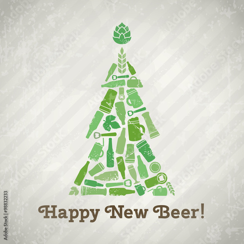Vector christmas tree beer poster. Happy new beer tagline. Christmas tree made of craft beer bottles, beer mugs, glasses, beer ingredients and accessories. Vintage new year background in grunge style