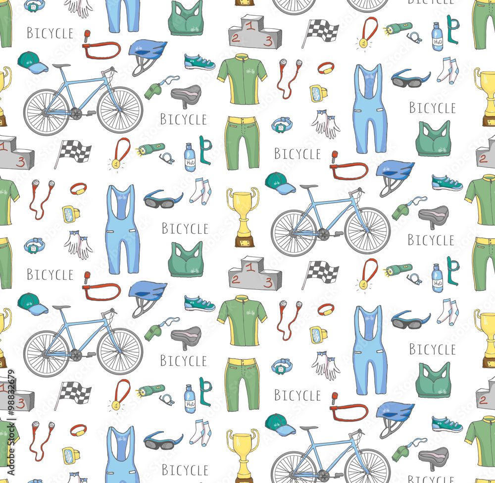 Obraz premium Seamless background bicycle equipment hand drawn set, doodle vector illustration of various bicycle icons, bicycling equipment accessories icons sketch collection, bicycling gear, cycling cloth shoes