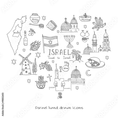 Set of hand drawn Israel icons, Jewish sketch illustration, doodle elements, Isolated national elements made in vector. Travel to Israel icons heart shaped for cards and web pages