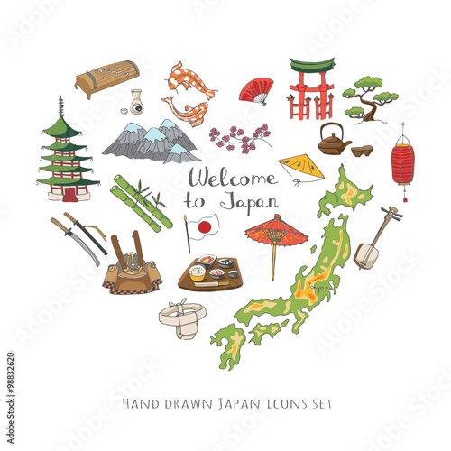 Hand drawn doodle Welcome to Japan set. Vector illustration. Sketchy Japanese related icons, Japan elements, map, pagoda, umbrella, sumo, sake, samurai, Fuji, food, sakura