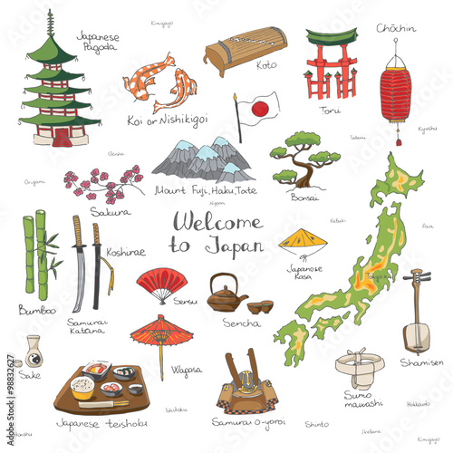 Hand drawn doodle Welcome to Japan set. Vector illustration. Sketchy Japanese related icons, Japan elements, map, pagoda, umbrella, sumo, sake, samurai, Fuji, food, sakura