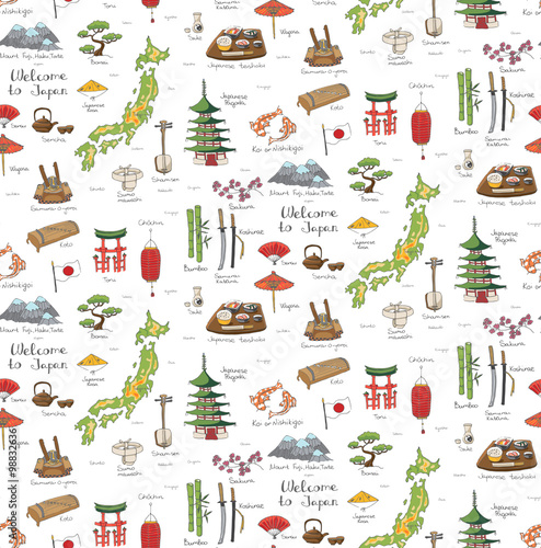Seamless background of hand drawn doodle Welcome to Japan set. Vector illustration. Sketchy Japanese related icons, Japan elements, map, pagoda, umbrella, sumo, sake, samurai, Fuji, food, sakura