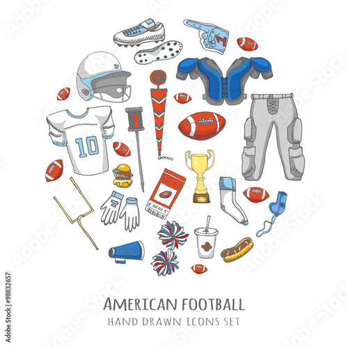 Hand drawn doodle american football set Vector illustration Sketchy sport related icons football elements Cheerleading