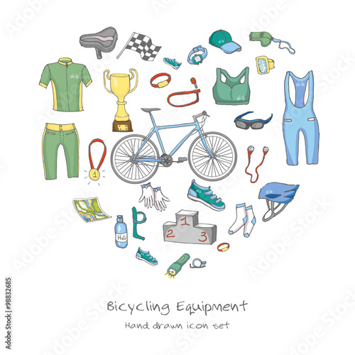 Bicycle equipment hand drawn set  doodle vector illustration of various stylized bicycle icons  bicycling equipment and accessories icons sketch collection  bicycling gear  cycling cloth and shoes