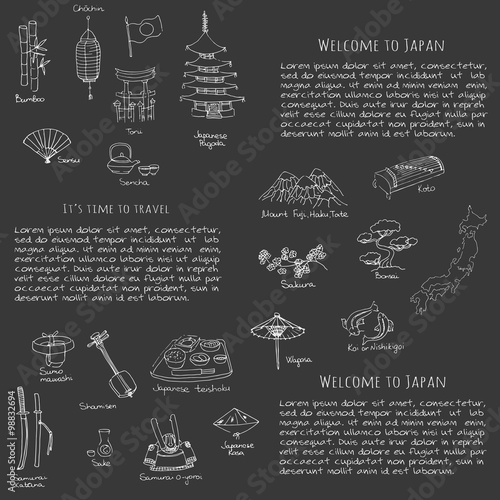 Hand drawn doodle Welcome to Japan set. Vector illustration. Sketchy Japanese related icons, Japan elements, map, pagoda, umbrella, sumo, sake, samurai, Fuji, food, sakura