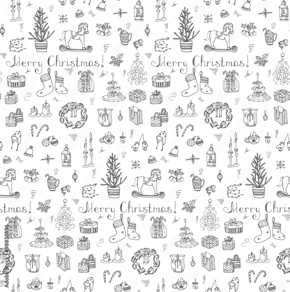 Seamless background Hand drawn sketchy christmas elements Doodle vector illustration  Candles gift boxes christmas tree wreath stocking candy canes cookie bells holly decoration Merry Christmas