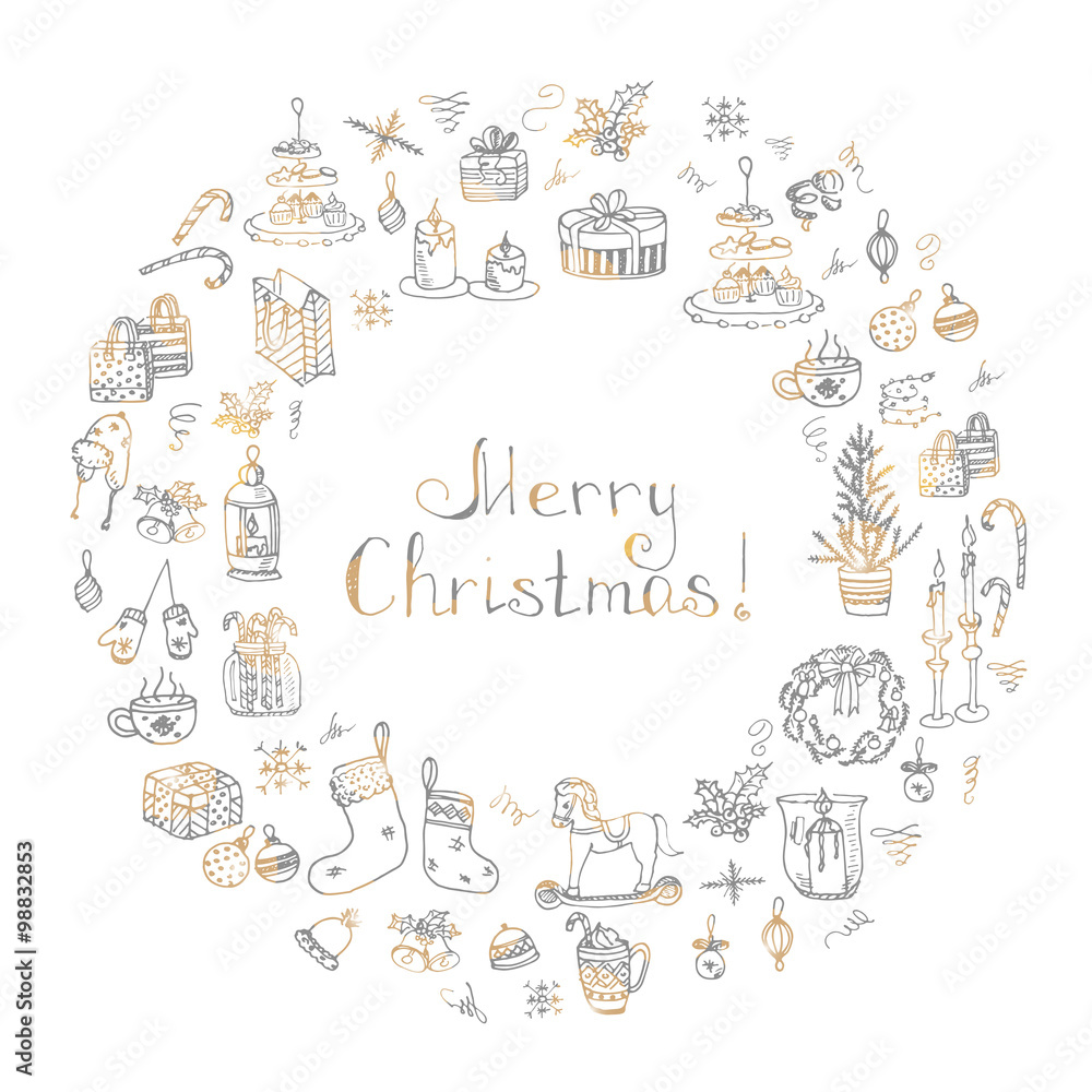 Fototapeta premium Set of hand drawn sketchy christmas elements Doodle vector illustration elements Candles gift boxes christmas tree wreath stocking candy canes cookie bells holly decoration calligraphy Merry Christmas
