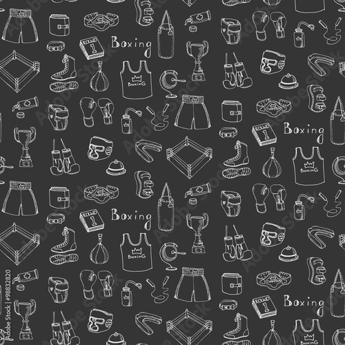 Seamless background of Hand drawn doodle boxing set Vector illustration Sketchy sport related icons boxing elements, boxing uniform, gloves, shoes, helmet, boxing ring, belt, trophy