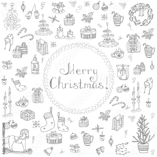 Set of hand drawn sketchy christmas elements Doodle vector illustration elements Candles gift boxes christmas tree wreath stocking candy canes cookie bells holly decoration calligraphy Merry Christmas