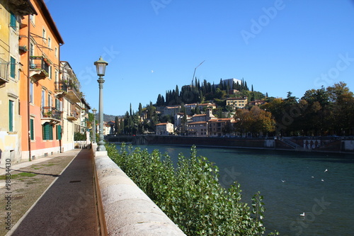 Embankment of the river Adige and the hill of San Pietro. Verona, Italy