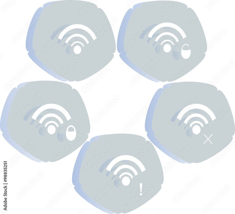 Icon WiFi. White label network, lock, cross, exclamation mark in light blue hexagons on a white background, shadow, design element vector Icon WiFi. White label network, lock, cross, exclamation mark in light blue hexagons on a white background, shadow, design element vector