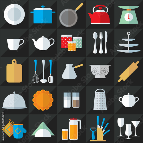 Kitchenware flat icons vector set