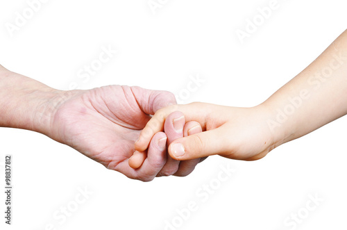 Child holding hands with an old woman isolated on white
