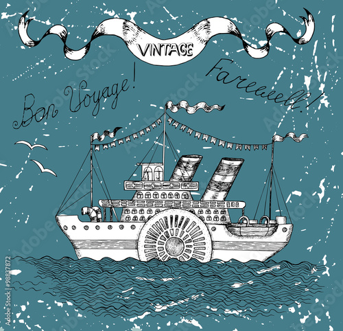 Fototapeta Vintage graphic illustration with old steam ship